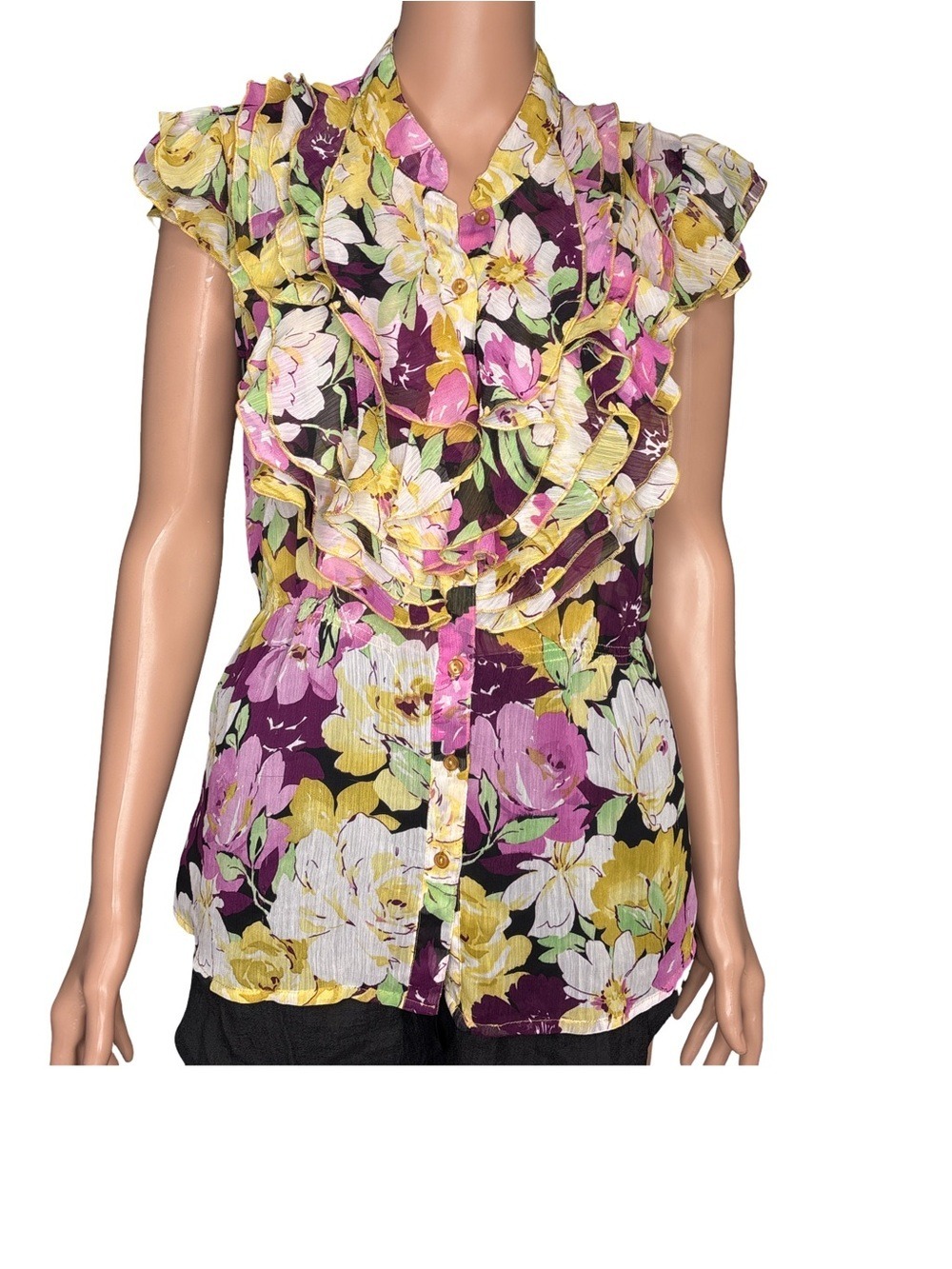 Sunny Leigh Floral Ruffle Button-Up Blouse - Purple, Yellow, Pink Small